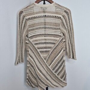 Style & Co Crochet Knit Open Front Cardigan Boho Coastal Beach Tan Grey Stripe M